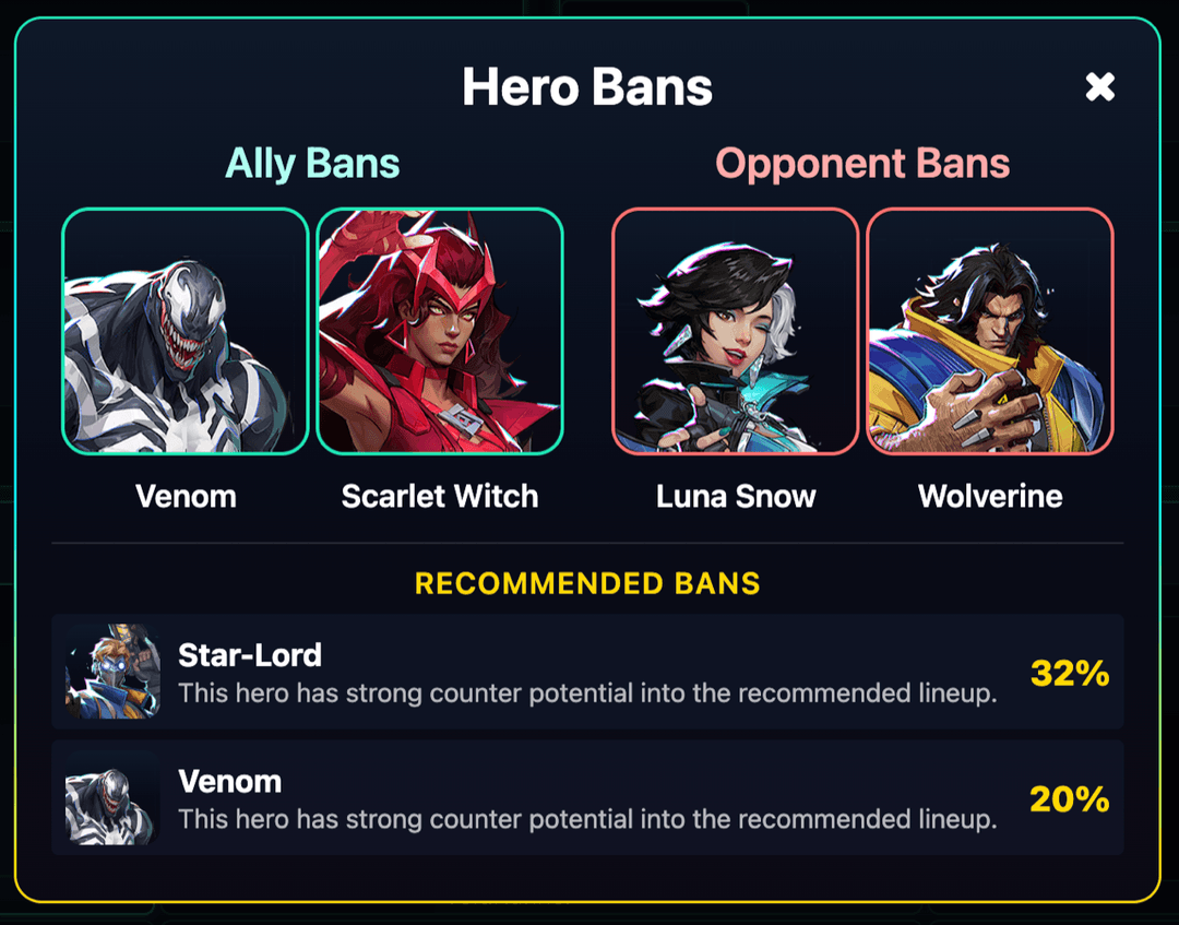 GameGenius hero bans modal showing recommended bans based on meta and team composition