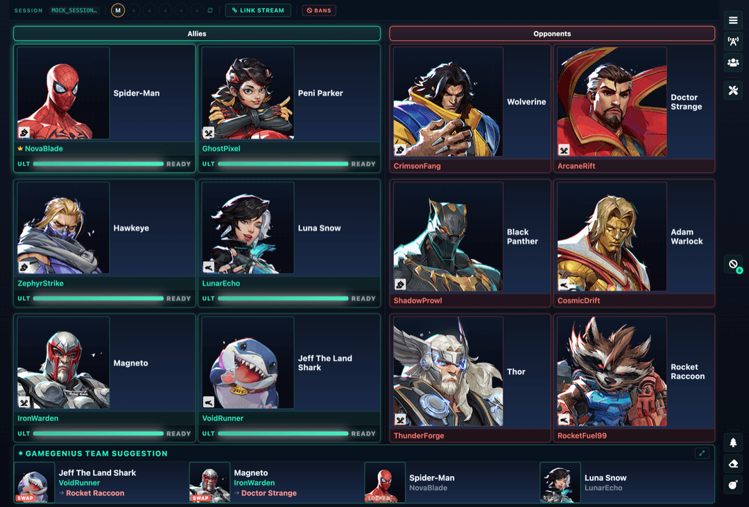 GameGenius match overview showing allies and opponents with ult tracking