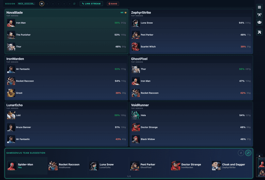 GameGenius player stats showing top heroes for each ally