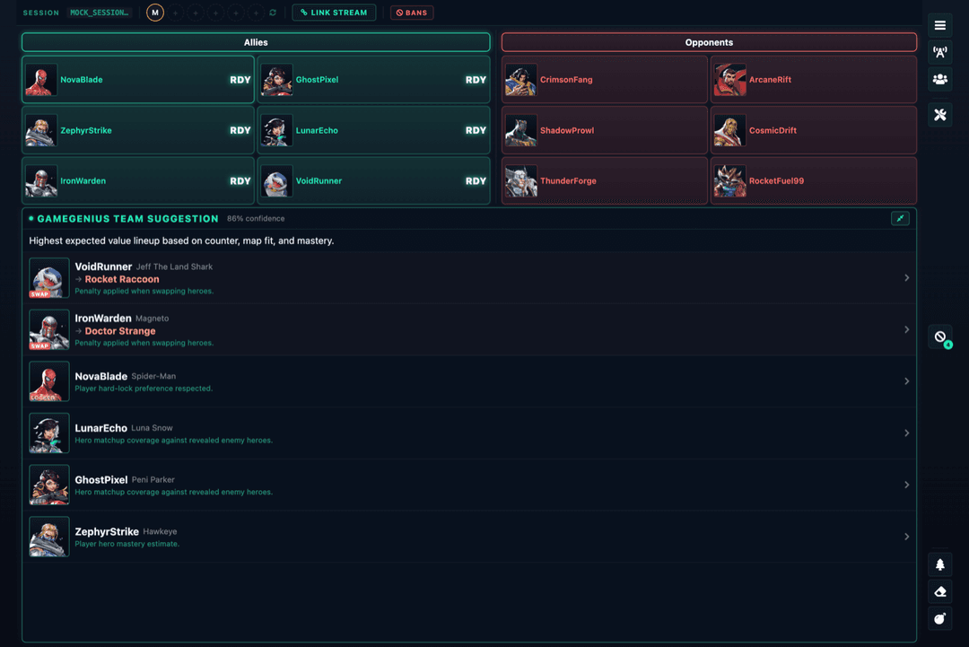 GameGenius team analysis showing detailed lineup with confidence and hero suggestions
