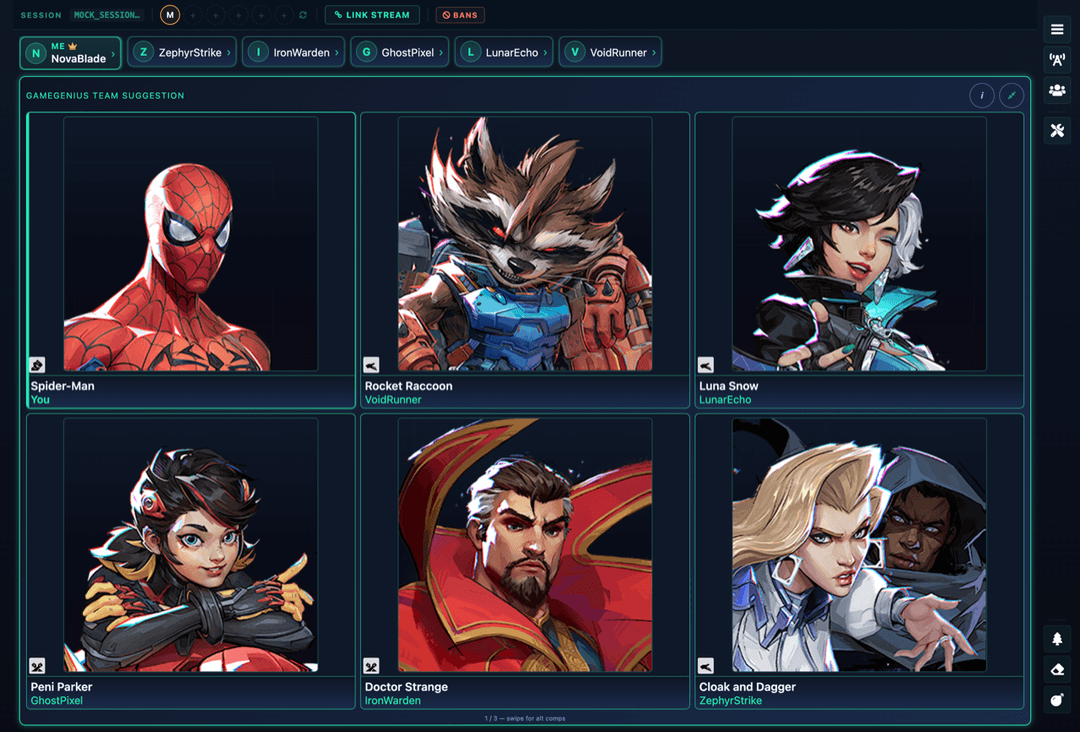 GameGenius team suggestion grid showing recommended heroes for each player